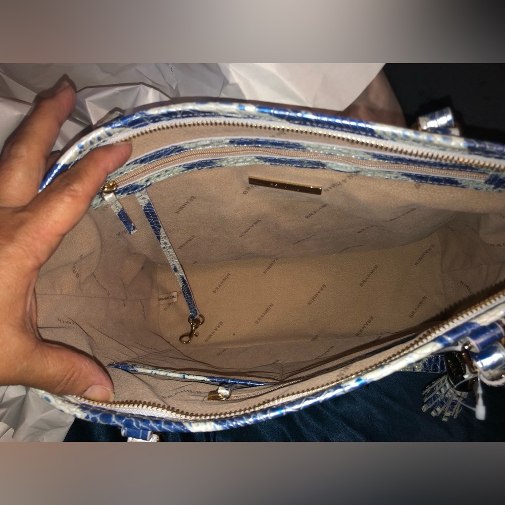 New Brahmin Blue & White Croc-Embossed Leather Tote - Picture 10 of 14